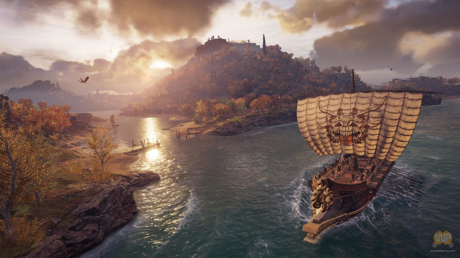 Assassin's Creed Odyssey bateau naviguant devant deux îles