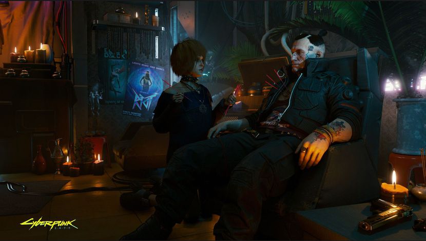 Cyberpunk 2077 homme assis dans un fauteuil, femme agenouillée auprès de lui