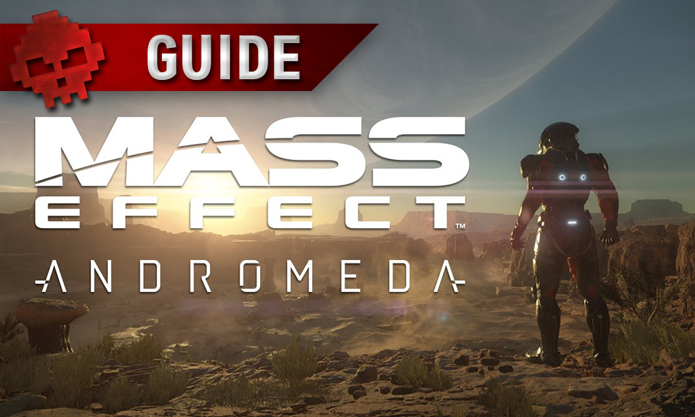 Mass Effect: Andromeda - Apprenez tous les secrets du jeu avec nos guides Logo et personnage regardant l'horizon