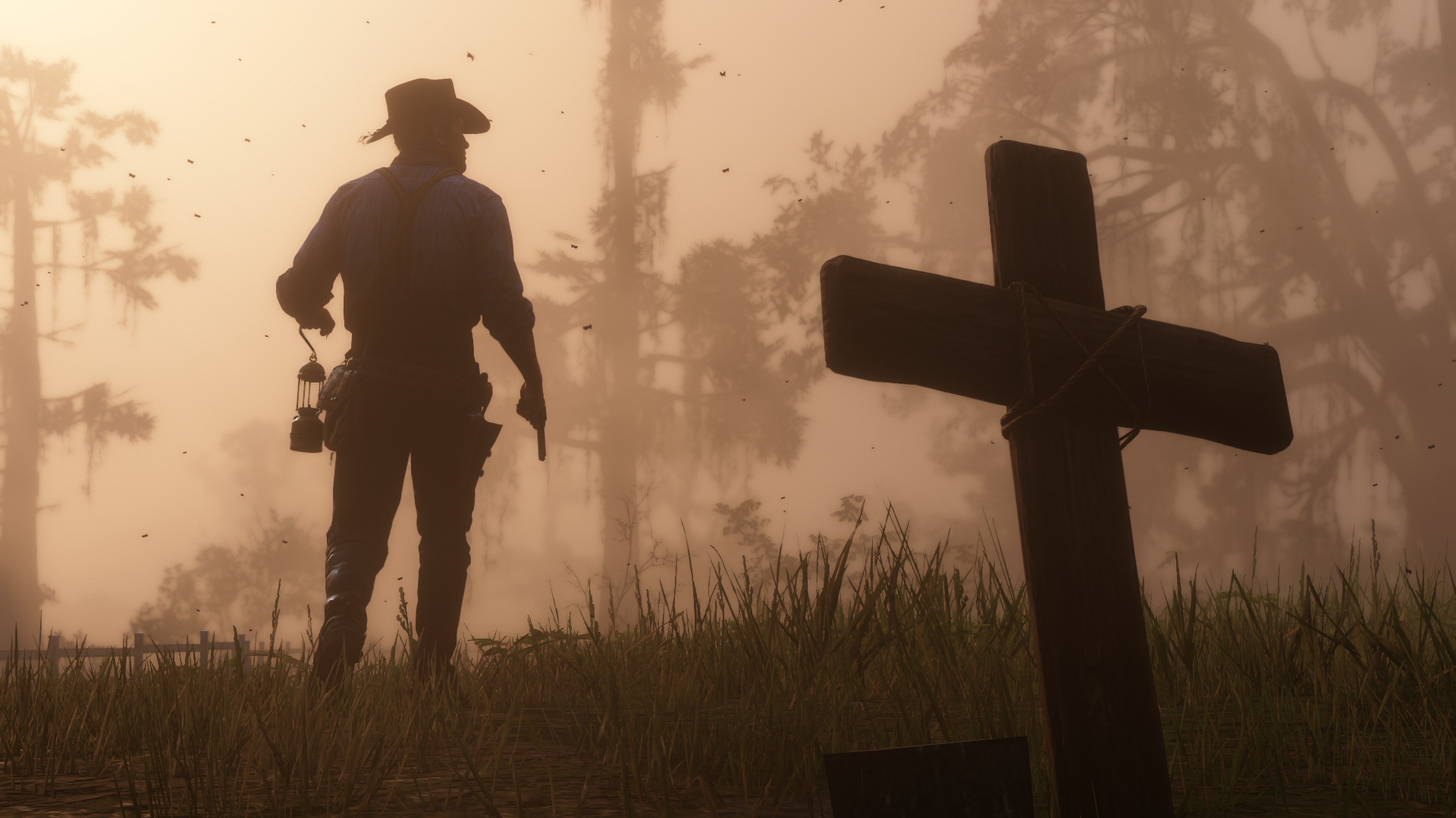 Red Dead Redemption 2 screenshot tombe et silhouette devant