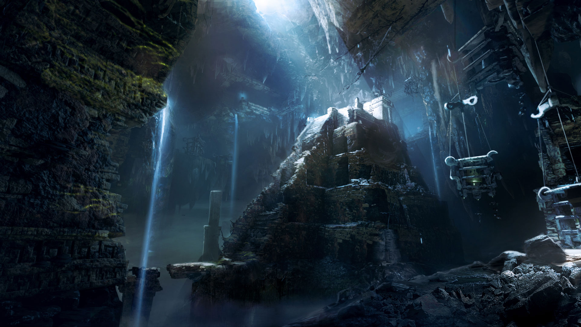 Grotte, python rocheux au centre avec escalier en pierre Shadow of the Tomb Raider artwork